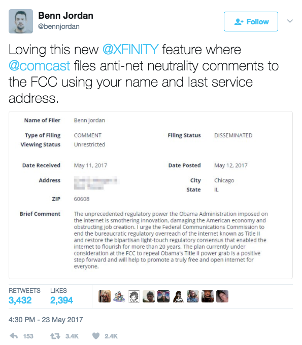 Benn Jordan tweet on Comcast net neutrality fake comments